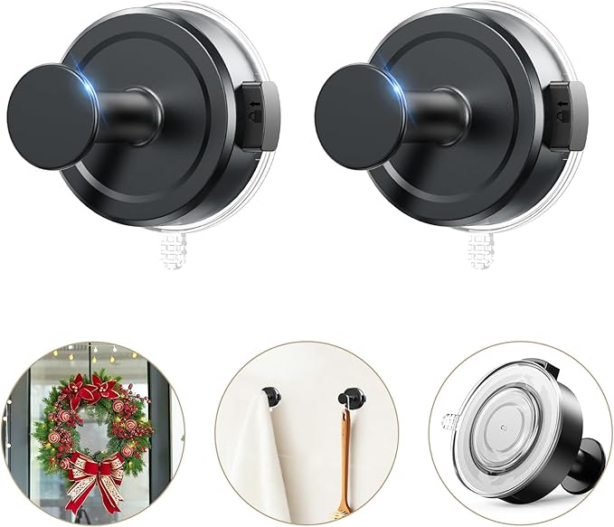 JOTPE Suction Cup Hooks, Hanging up to 22 lbs, Easy to Install, Removable Towel Hooks for Bathrooms,Kitchen,Glass Door,Mirror,Tile - Hangable Loofah,Towel,Coat,Bath Robe,Door Wreaths -2 Pack (Black)