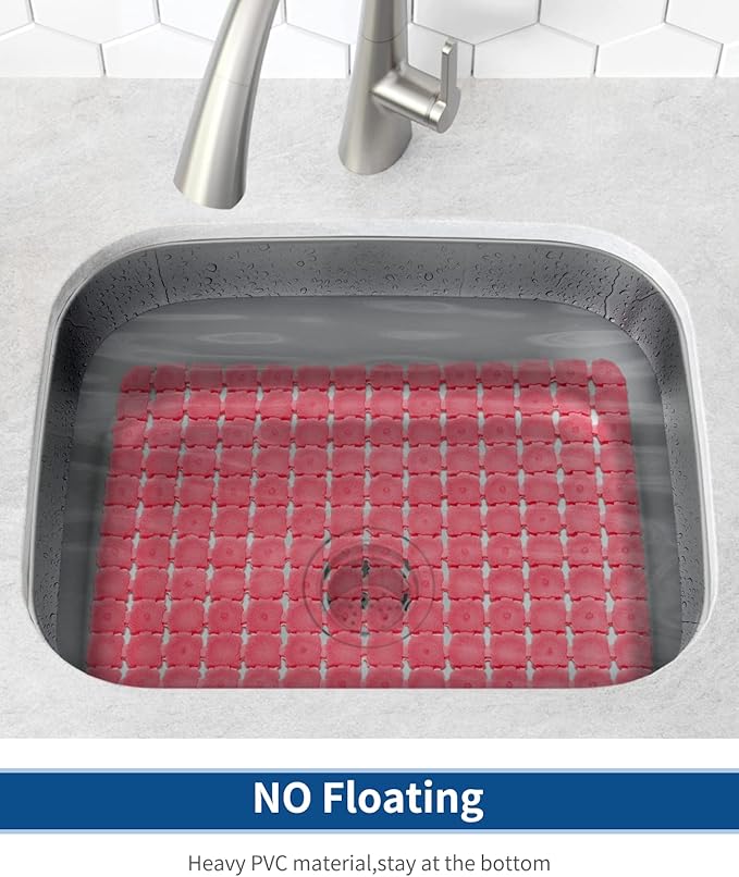 Bligli PVC Sink Protectors, 2 Pack, 15.7x11.8 inches for Stainless/Ceramic Sinks, Drain Mats, Red