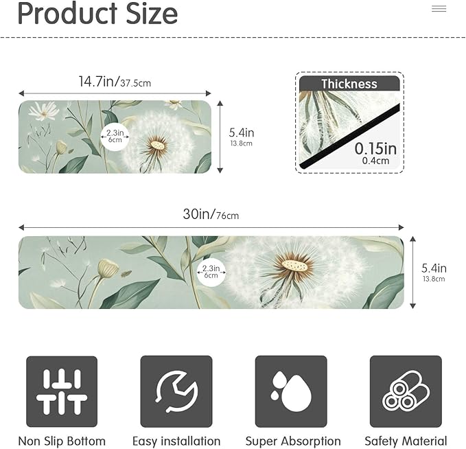 Sage Green Dandelions Kitchen Sink Splash Guard Faucet Mat Diatomite Absorbent Pad for Bathroom RV 14.7x5.4in 2PCS water