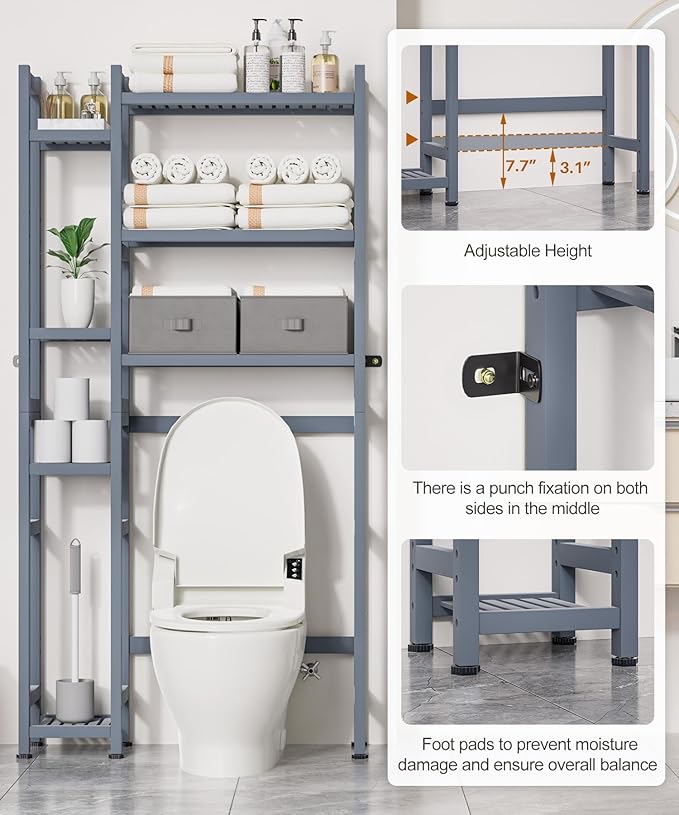 Homde Over The Toilet Storage with Basket and Drawer, Bamboo Bathroom Organizer with Adjustable Shelf & Waterproof Feet Pad, Space Saver Rack for Restroom, Laundry,Grey