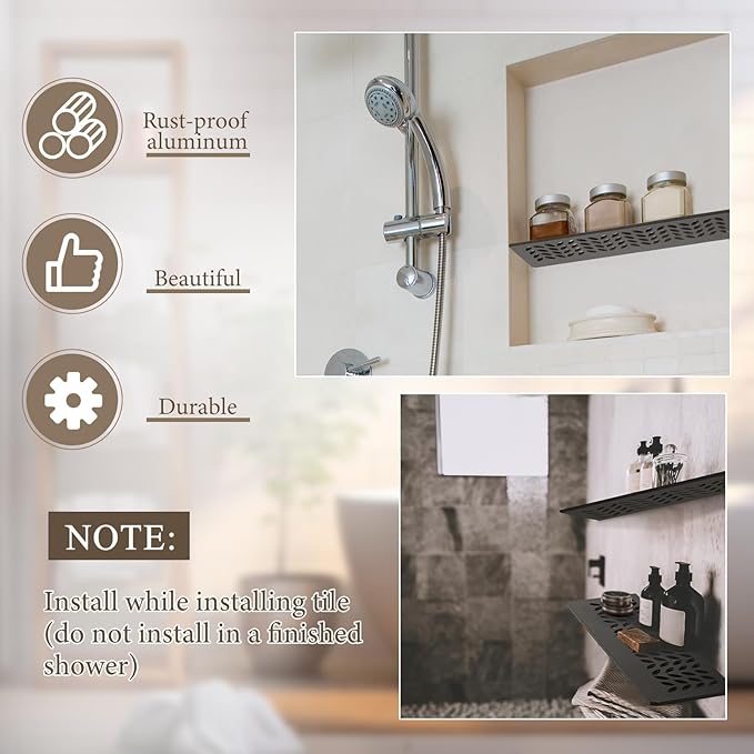 1 Pcs Aluminum Shower Niche Rectangular Shelf Bronze 5/32"/ 4 mm Thick, Petal Design, Matte Bronze Finish for 12" Prefabricated Niches, Fits 5/32" Grout Line