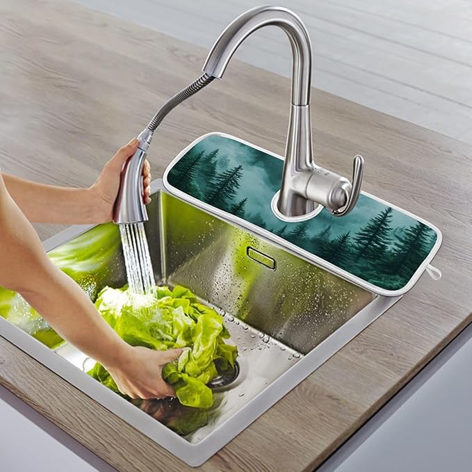 2 PCS Kitchen Sink Splash Guard 14.9 Inch Faucet Mat for Kitchen Sink Bathroom Sink Faucet Absorbing Drip Drain Mat Pad Microfiber Soft Washable Green Mountain Forest Trees