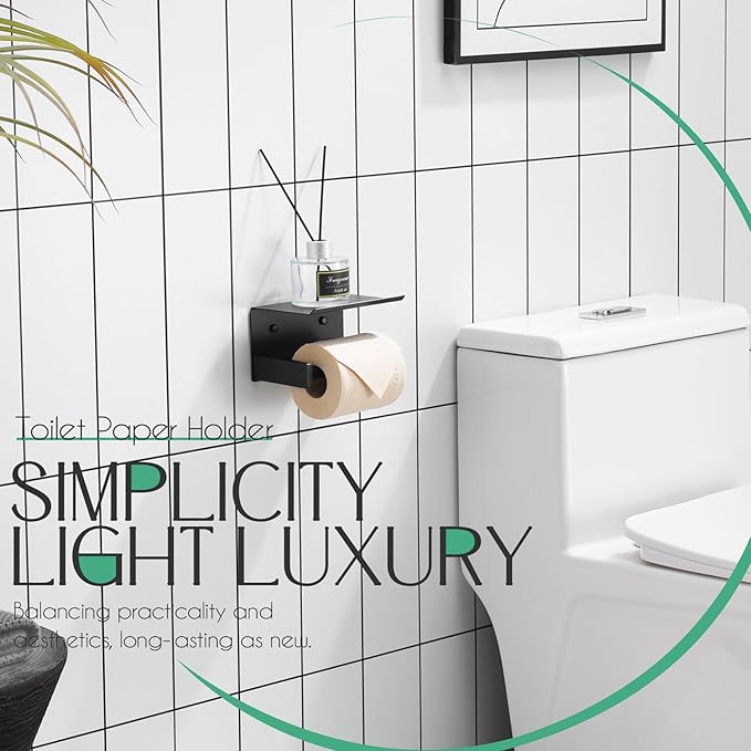 KOKOSIRI Roll Paper Holder Spring Loaded Tissue Paper Holder Bathroom Toilet Roll Holder with Shelf Wall Mounted Stainless Steel Matte Black B2012BK