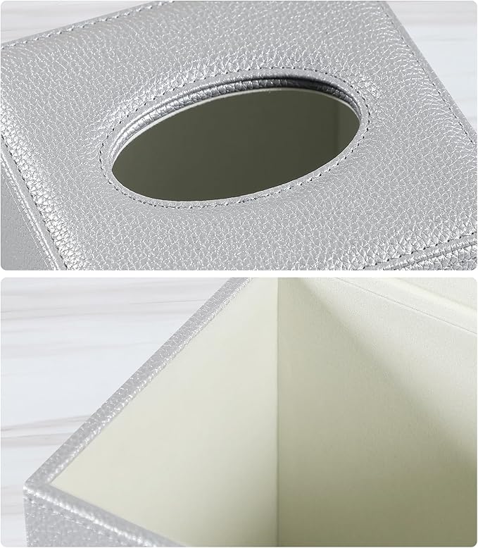 PU Leather Tissue Box Cover Square Tissue Box Holder with Magnetic Closure, Decorative Tissue Holder for Bathroom Bedroom Office (Silver)