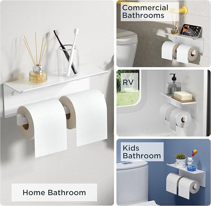 FORIOUS Toilet Paper Holder with Shelf, 304 Stainless Steel Wall Mount Commercial Toilet Paper Dispenser, Double Tissue Roll Holder for Bathroom (White)