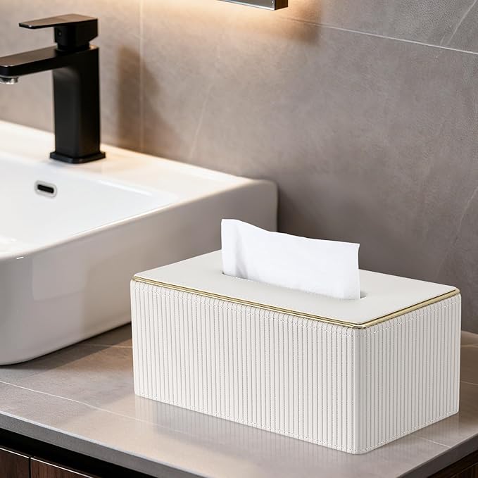 GORESE Rectangle Tissue Box Cover for Kleenex, PU Leather Tissue Box Holder, Rectangular Decorative Tissue Covers for 120(3-Ply)/160(2-Ply) Tissue Box, Cream White