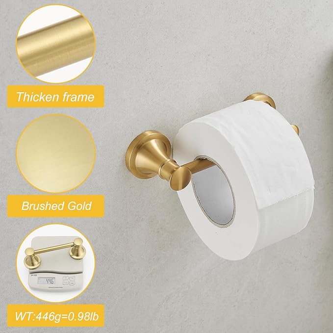 BESy Wall Mounted Toilet Paper Roll Holder Rustproof Tissue Paper Holder Bathroom Flexible Pivoting Tissue Handle Toilet Tissue Roll Holder, Brushed Gold, Stainless Steel