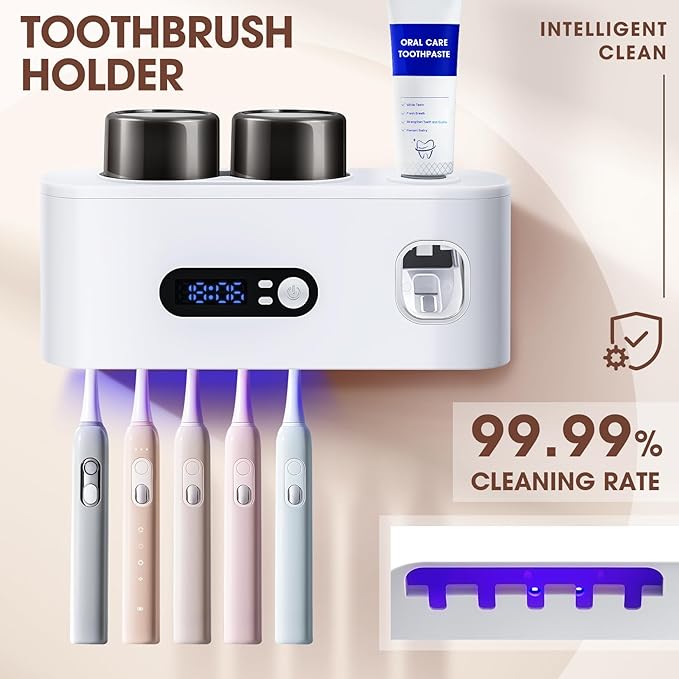 Upgrade Toothbrush Sterilizer,Toothbrush Holder for Bathroom,Tooth Brush Cleaning Tool with Toothpaste Dispenser Wall Mounted Type-C Charging with 2 Cups (White)