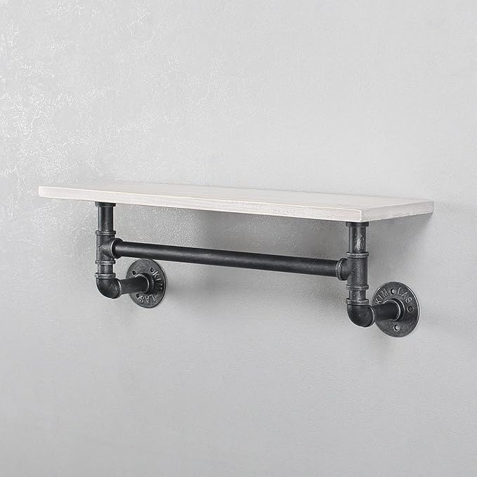MBQQ Iron Pipe Shelves Industrial Bathroom Shelves with Towel bar,24in Rustic Metal Pipe Floating Shelves Pipe Wall Shelf,1 Tier Industrial Shelf Wall Mounted,Retro White