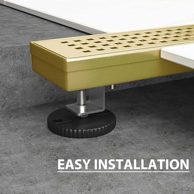 SaniteModar Linear Shower Drain, Shower Drain Gold 48 inch with Removable Grate,Brushed 304 Stainless Steel Gold Shower Floor Drain Include Hair Strainer,Adjustable Leveling Feet