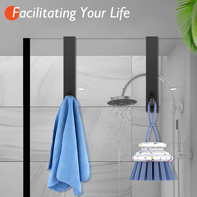 Shower Door Hooks(10 Inch),Extended Over Door Hooks for Bathroom Frameless Glass Shower Door,Stainless Steel Towel Hooks,Heavy Duty Rack Hooks for Robe,Towel-4 Pack-Black