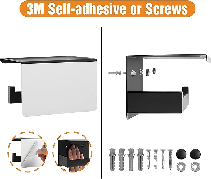 HITSLAM Matte Black Toilet Paper Holder with Shelf & 4 Towl Sticky Hooks, Self-Adhesive or Screw Mount Toilet Paper Roll Tissue Holder, SUS 304 Stainless Steel, Rustproof for RV& Bathroom Home
