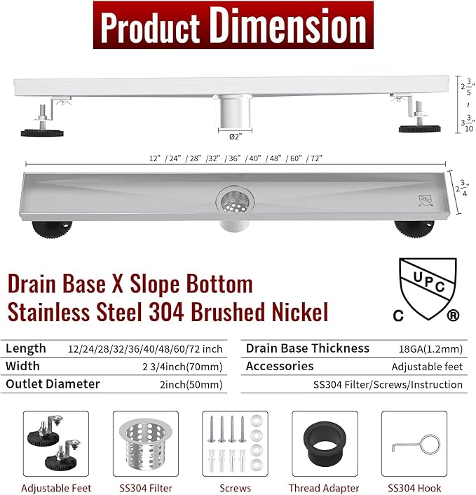 24 Inch Linear Shower Drain, Brushed Nickel Shower Drain, Removable Grate, 304 Stainless Steel, Easy to Install and Clean for Bathrooms (Drain Base Not Included), LSD-30A-24S