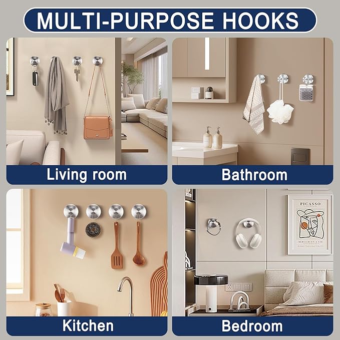 Silver Waterproof Suction Cup Hooks, 2-Pack Heavy Duty Stainless Steel No Drill Shower Hooks for Hanging Towels, Robes, Loofahs, Holder Holds Strong on Tile, Glass, Mirror, Wall, Bathroom Door