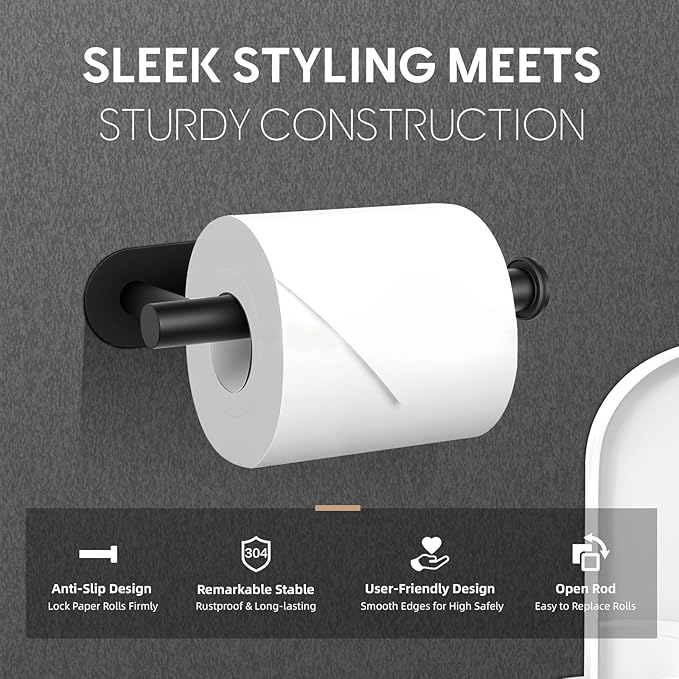 2 Pack Toilet Paper Holder, Adhesive Toilet Paper Holder Wall Mount, Premium Thicken SUS304 Stainless Steel, No Drilling Toilet Paper Stand Roll Holder for Bathroom Kitchen RV, Matte Black