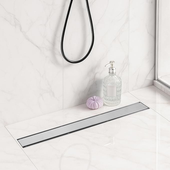 Linear Shower Drain 24 inch with 2-in-1 Flat & Tile Insert Cover - Brushed 304 Stainless Steel Shower Floor Drain - Bathroom Drain with Reversible Cover & Hair Catcher - Includes Cleaning Tools