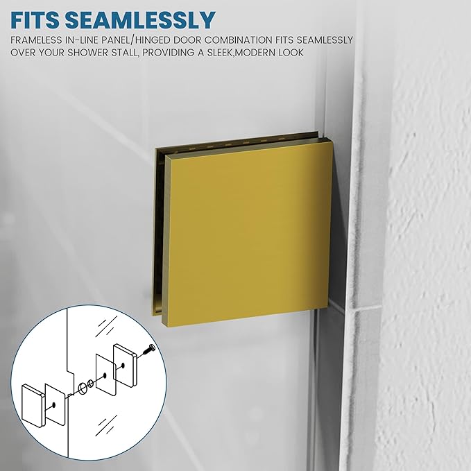 Bathroom Shower Glass Door 24 * 62" - 5/16"(8mm) Thick Clear Tempered Glass Panel, Fixed Hinged Framless Shower Glass Door with Bottom Seal, Brushed Gold