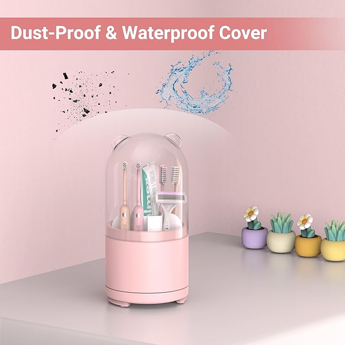 Pink Toothbrush Holders for Bathroom, Kids Rotating Electric Tooth Brush Holder with Lid, Cute Bathroom Toothpaste and Toothbrush Storage Sink Caddy Organizer Countertop Accessories