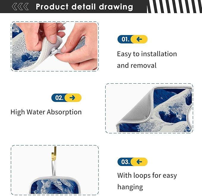2 PCS Kitchen Sink Splash Guard 30 Inch Faucet Mat for Kitchen Sink Bathroom Sink Faucet Absorbing Drip Drain Mat Pad Microfiber Soft Washable Blue Sea Waves