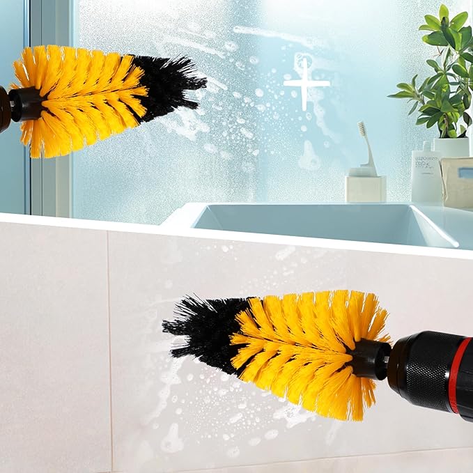 2 Piece Scrub Brush for Drill Bathroom Cleaning Tools Corner Cleaning Brush Drill Brush Attachment Carwash Brush, Drill Scrubber Brush Kit Detailing Brushes for Home Kitchen Grout Tile(Yellow)