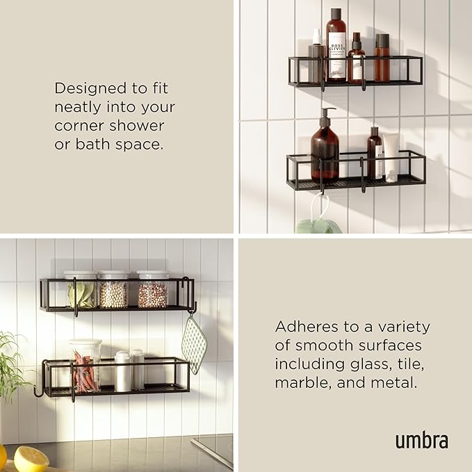 Umbra Cubiko Shower Shelf, Metal Floating Shelves with Adhesive Mounting Strips, 2-Pack, Black