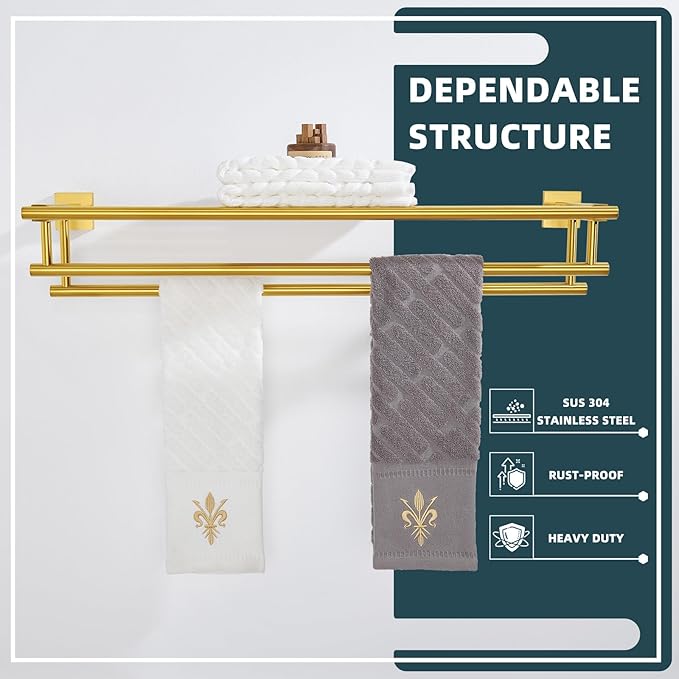 Angle Simple Towel Rack for Bathroom, SUS 304 Stainless Steel Hand Towel Holder with Shelf, Brushed Dark Gold, 27.56 Inches