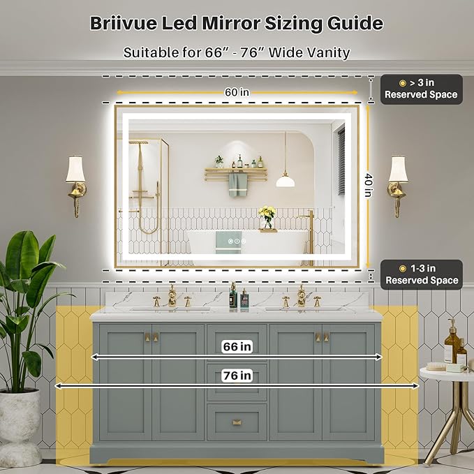 60x40 Inch LED Bathroom Mirror with Gold Frame, Backlit & Front Lit, Anti-Fog Lighted Bathroom Vanity Mirror for Wall, Memory Function, Dimmable, HD Tempered Glass, Shatter-Proof