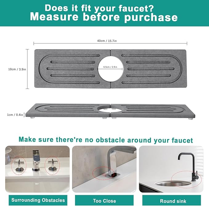 15.7”Drying Stone Faucet Mat for Kitchen Sink-Diatomite Quick Dry Kitchen Sink Splash Guard, Water Absorbent Diatomite Stone Tray,Durable Protector for Bathroom Counter (Grey, 15.7" X 3.9")