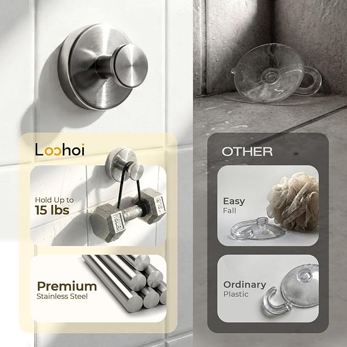 Upgraded Suction Cup Hooks for Shower, Heavy Duty Removable Towel Hooks for Bathroom Glass Door Wall, Stainless Steel Shower Hooks for Towel & Loofah (2 Pack, Silver)