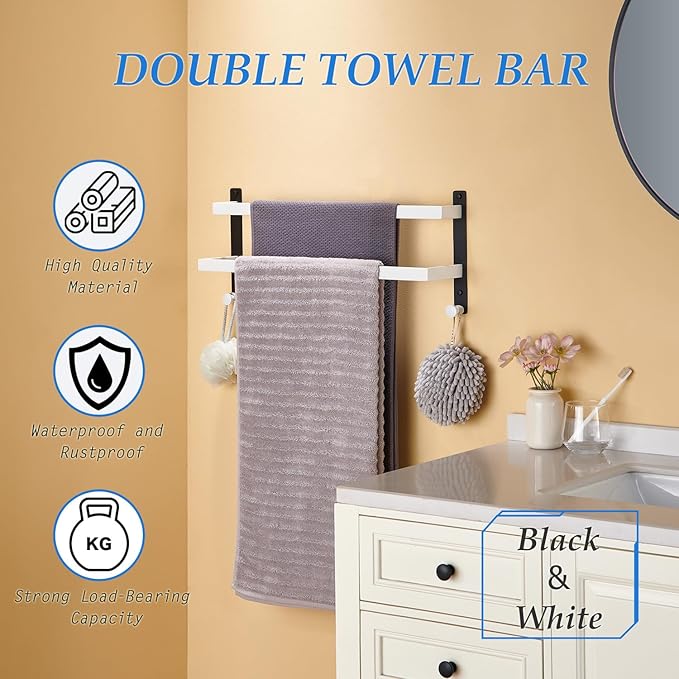 Bath Double Towel Bars with Hooks, 24 Inch Stainless Steel Towel Rail, Wall Mount Towel Rack for Bathroom Lavatory, White & Black