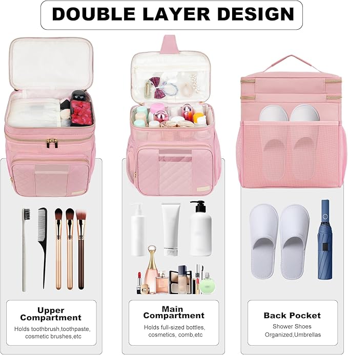 Portable Shower Caddy College Dorm Essentials, Large Toiletry Bag for Women Men, 2 Layers Quickly Dry Mesh Bathroom Tote Bag, Hanging Makeup Organizer Bag for Travel, Gym, Camping (Pink)