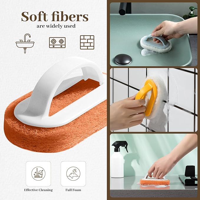 4 Pack Handled Scrubber, Scrub Brush Strong Scouring, Reusable Cleaning Sponge with Handle for Shower Tile, Bathtube, Sink (White)