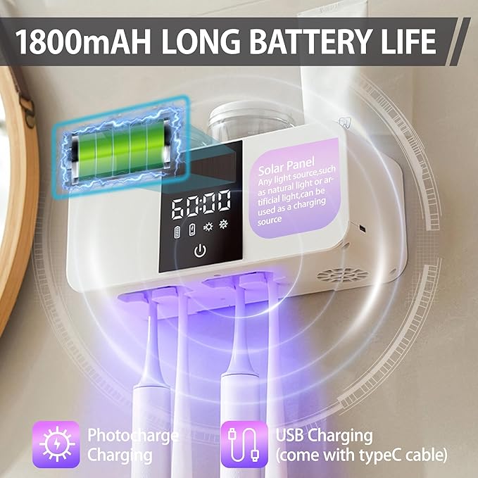 Toothbrush Cleaner & Toothbrush Holders Wall Mounted Cleaning and Air Drying LED Smart Screen and Timer Function Rechargeable Cordless Tooth Brushing Holder for Bathrooms(White)