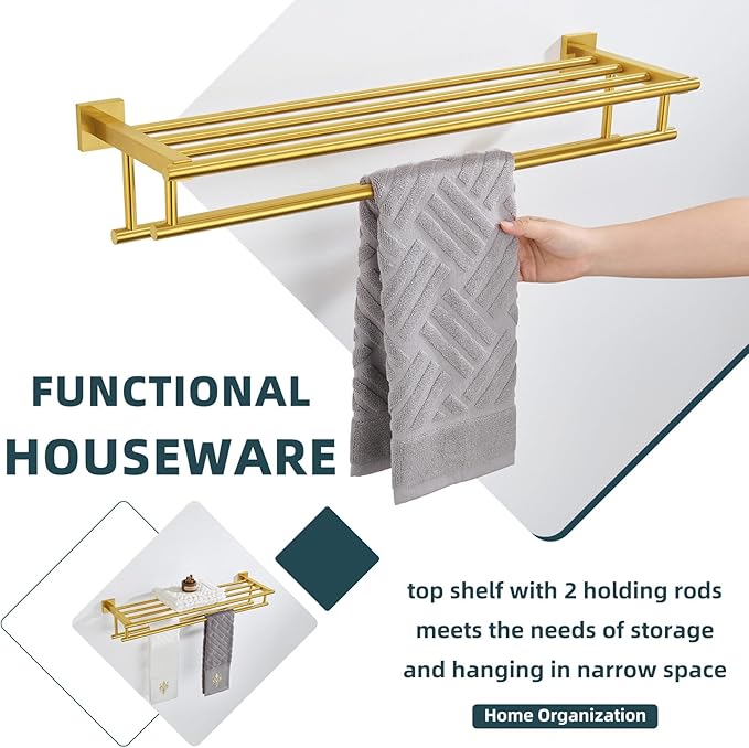 Angle Simple Towel Rack for Bathroom, SUS 304 Stainless Steel Hand Towel Holder with Shelf, Brushed Dark Gold, 27.56 Inches