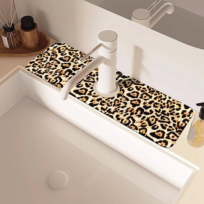 Abstract Brown Leopard Dish Drying Mat for Kitchen Sink Splash Guard Behind Faucet Sink Mat Absorbent Fast Drying Faucet Draining Mat for Bathroom Kitchen 5.5"×15"