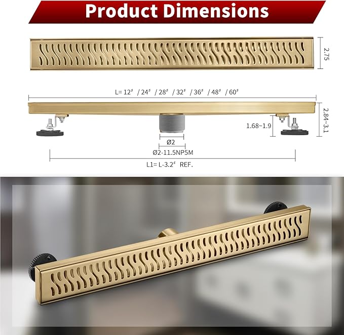 Sharp-tec Linear Shower Drain, 48 inch Shower Drain with Removable Pattern Cover, Brushed Gold 304 Stainless Steel Rectangle Floor Drain, Adjustable Feet and Hair Strainer Included