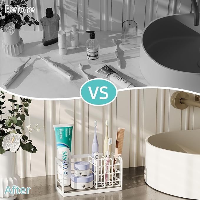 Toothbrush Holders, Bathroom Organizers and Storage with Instant Drying Stone, 6 Slots Bathroom Accessories with Adjustable Toothpaste Holders, Bathroom Counter Organizer, White