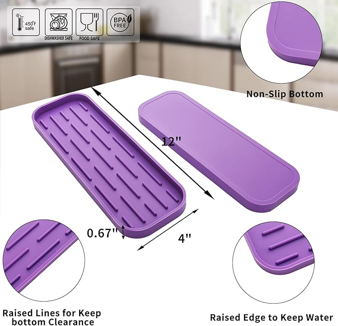 Silicone Kitchen Sink Organizer Tray for Multiple Usage,Eco-Friendly Sponges Holder for Kitchen Bathroom Counter or Sink,Dish Soap Dispenser,Scrubber,Bottle,Cup (Purple, 12"×4")