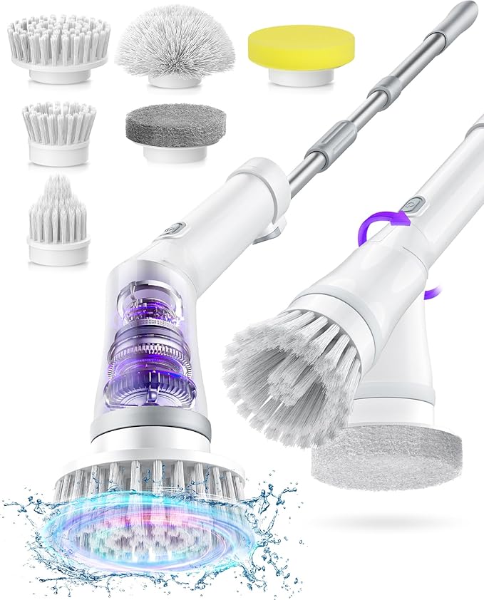 NBONEBS Electric Spin Scrubber, Cordless Shower Scrubber Rotary Floor Brushes & Pad Drivers with 6 Brush Heads - 2H Dual Speed, IPX7 Waterproof Extension Handle for Bathroom Tile Car Cleaning