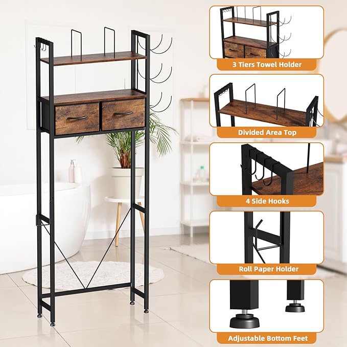VITVITI Over The Toilet Storage Shelf, Above Toilet Bathroom Organizer with 2 Drawers, Adjustable Freestanding Toilet Storage with 3 Tier Towel Rack/4 Hooks, Farmhouse for Laundry Room (Brown)