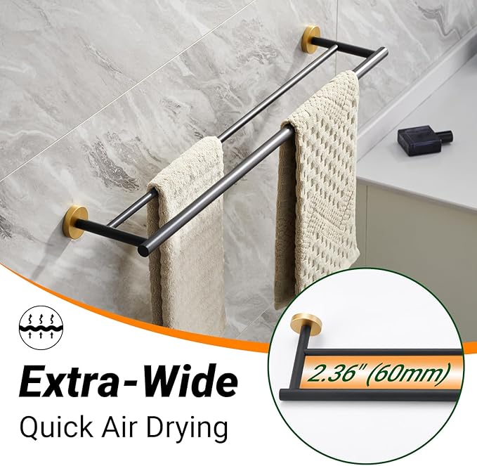 Miyili 30-Inch Bathroom Double Towel Bar SUS 304 Stainless Steel Bath Towel Rack Holder Wall Mount Black & Gold, A01BG75B