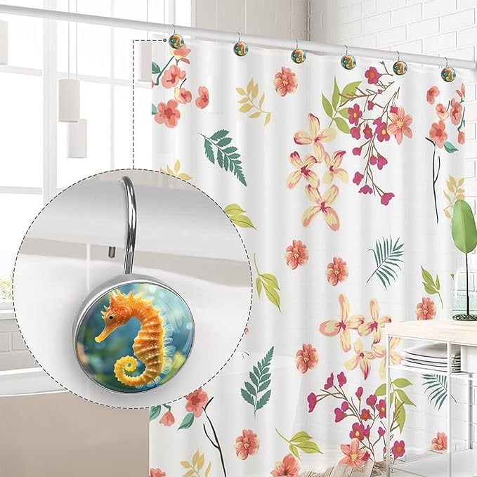 12 Pcs Seahorse Shower Curtain Hooks,Rust Proof Glass Surface Stainless Steel Curtain Rings for Bathroom Bedroom Living Room Kitchen Home Shower Rods Decor