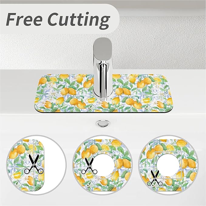 Faucet Draining Mat For Kitchen Sink, Yellow Lemons And Blue Tiles Diatom Mud Absorbent Drain Pad For Bathroom Kitchen Sink Splash Guard Drying Mat