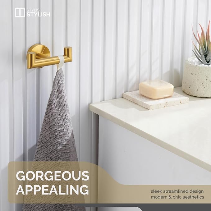 Angle Simple Bathroom Double Hook Brushed Dark Gold, SUS304 Stainless Steel Bath Towel Holder, Double Robe Hanger Wall Mount