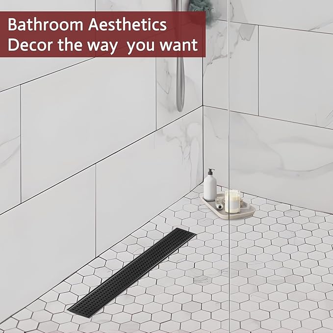 12 Inch Linear Shower Drain, Matte Black Shower Drain,Removable Grate, 304 Stainless Steel, Easy to Install and Clean for Bathrooms (Drain Base Not Included), LSD-04A-12B