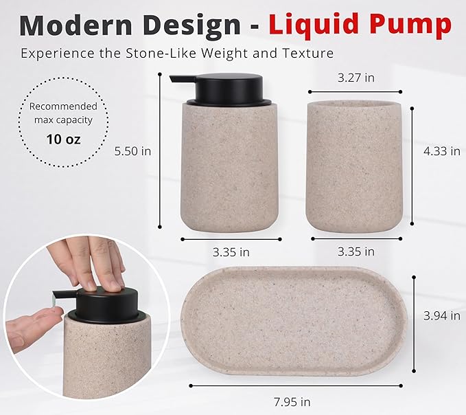Beige Bathroom Accessories Set, 3 Pcs Resin Bathroom Accessories Complete Set, Sandstone Look Soap Dispenser with Large Pump, Toothbrush Cup, Soap Dish for Modern Home Decor and Kitchen
