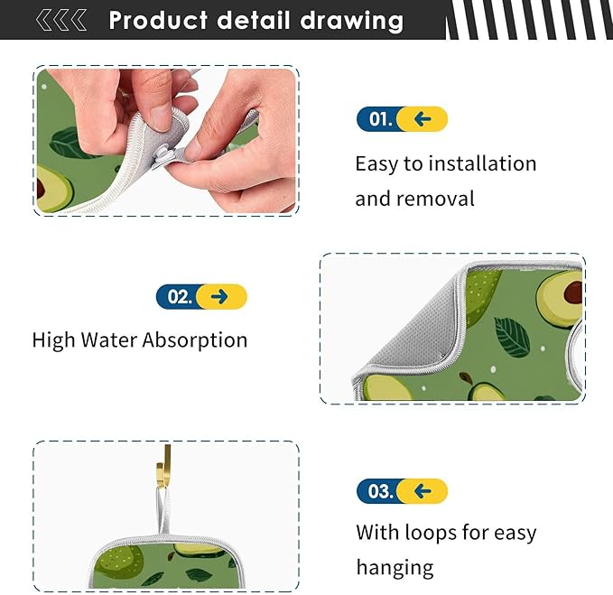 2 PCS Kitchen Sink Splash Guard 14.9 Inch Faucet Mat for Kitchen Sink Bathroom Sink Faucet Absorbing Drip Drain Mat Pad Microfiber Soft Washable Green Avocado Tomato Leaves
