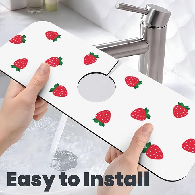 Strawberry Print Strawberries Kitchen Sink Splash Guard Faucet Mat Super Absorbent Fast Drying Mat Sink Gadgets-Fast Drying Pad Sink Mat For Kitchen Bathroom (15" X 5.5" )