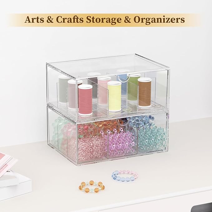 2 Pack Clear Tea Bag Organizer, Stackable Drawer Organizer with Dividers for Pantry Bathroom Vanity Kitchen - Cabinet Countertop Shelf Plastic Storage Bins for Coffee/Makeup/Cosmetic/Crafts/Underwear