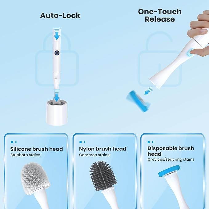 Electric Toilet Brush with Holder, Hands-Free Auto-Clamp Toilet Scrubber with 3 Replacement Heads (Silicone/Nylon/Disposable) and Gap Brush, Compact Bathroom Cleaning Set for RV